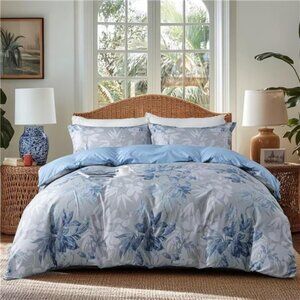 Reversible Flower Blue Duvet Cover Set with Zipper